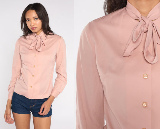70s Sir Julian Blush Pink Pussy Bow Blouse Long Sleeve Button-Down Small S