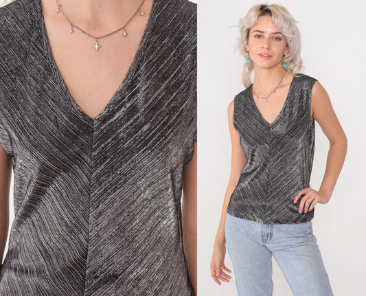 90s David Benjamin Silver Metallic Chevron Tank Top Black V-Neck Small S