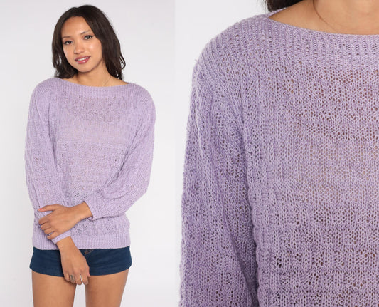 80s Lavender Knit Sweater Loose Weave Crew Neck Pullover Medium M