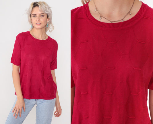 80s Red Horizontal Stripe Knit Sweater Crew Neck Short Sleeve Medium