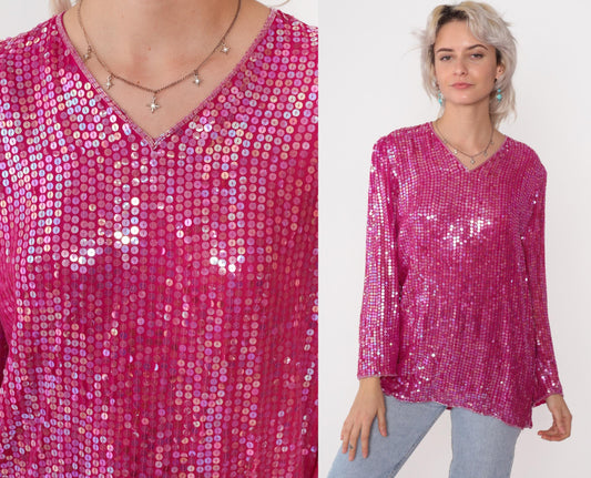 90s Hot Pink Sequin Silk Blouse Iridescent V-Neck Long Sleeve Small