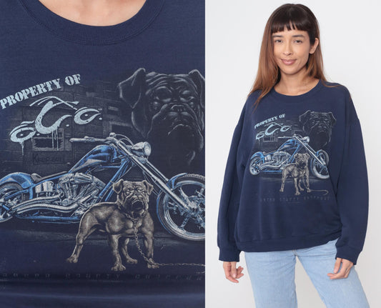 90s Jerzees Biker Sweatshirt Navy Blue Bulldog Motorcycle Graphic Medium M