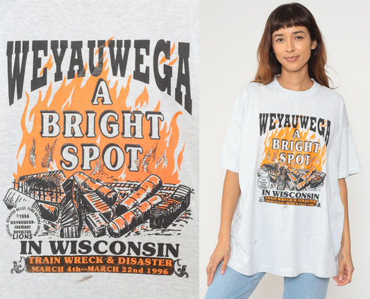 1996 Weyauwega Train Wreck Disaster Event Tee Grey Flame Print XXL