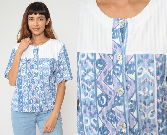 90s Blue Ikat Geometric Print Cotton Blouse Button Front Tribal Pattern Large L