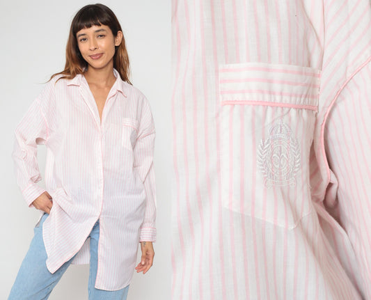 90s Apostrophe Pink White Striped Cotton Button Down Shirt Medium