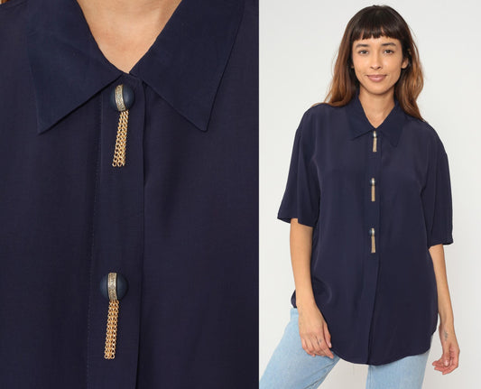 90s Navy Blouse with Gold Chain Detail Short Sleeve Point Collar Large L