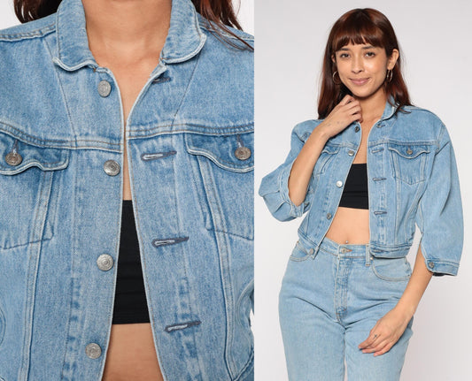 90s Gap Cropped Light Blue Denim Jacket Cotton Medium