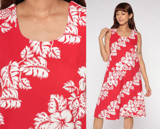 90s Hawaiian Dress Red Tropical Hibiscus Pineapple Print Sleeveless Knee-Length Medium M