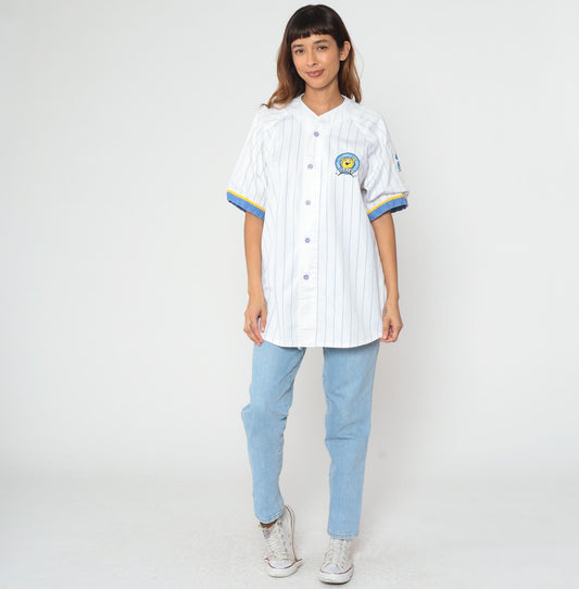90s UCLA Bruins Baseball Jersey Starter White Pinstripe Button Front Extra Large XL