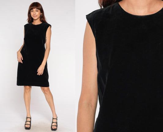 1970s Black Velvet Mini Dress Sleeveless Crew Neck Back Zip Medium M