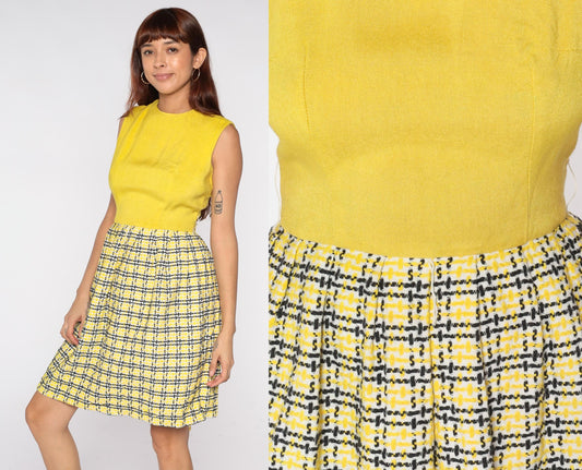 60s Yellow Plaid Mod Mini Dress Colorblock Black White Crew Neck Small
