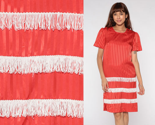 60s Red Satin Striped Shift Dress White Fringe Trim Mini XS