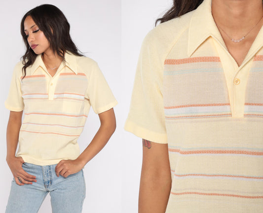 70s Charisma California Knit Polo Shirt Yellow Striped Collared Large