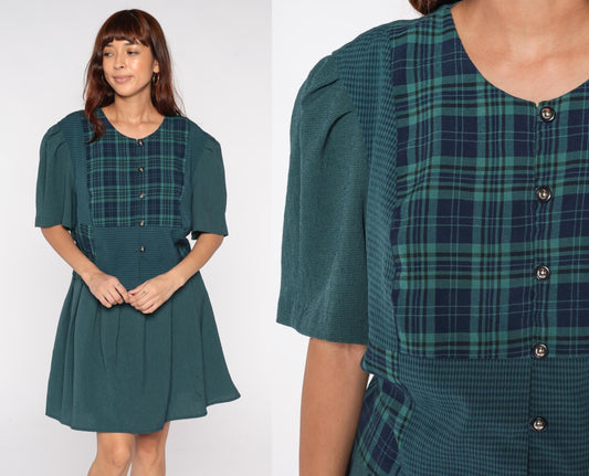 90s Lady Dorby Plaid Mini Dress Forest Green Navy Tie Back Plus Size 22W