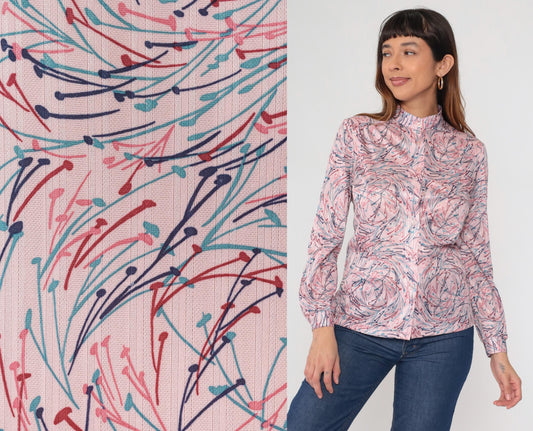 70s Devon Abstract Brushstroke Blouse Pink Navy Mandarin Collar Medium M