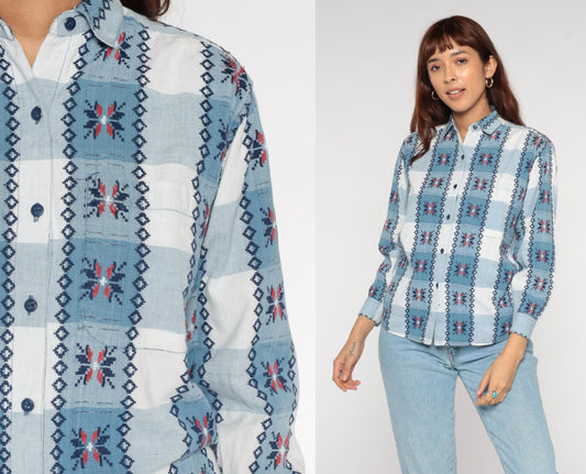 90s Keren Hart Southwestern Plaid Button Up Shirt Blue White Small S