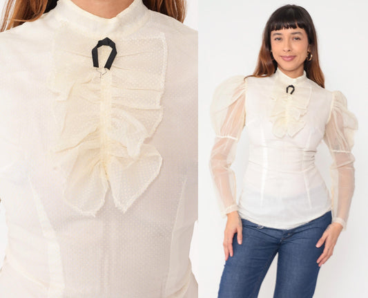 60s White Victorian Blouse Puff Sleeve Ruffle High Neck Bow Tie Small S