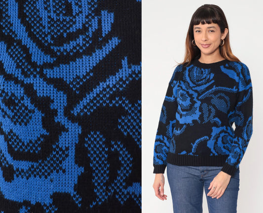 80s Basic Outlook Floral Knit Sweater Blue Black Rose Pattern Crew Neck Medium M