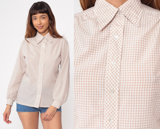70s Gingham Check Blouse Beige Button Up Pointed Collar Long Sleeve Medium