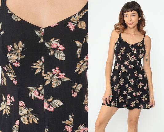 90s Black Floral Romper Sleeveless Wide Leg Playsuit Small S