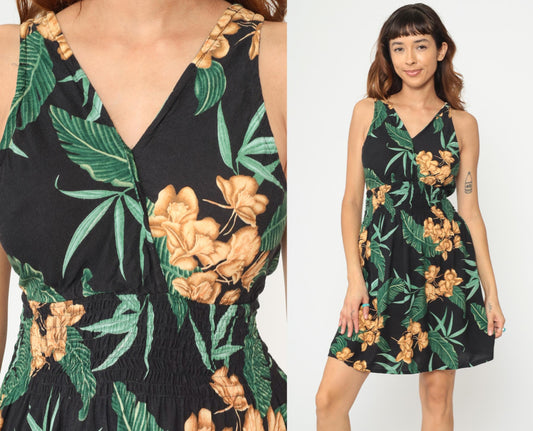 Y2K Hula Bay Tropical Floral Mini Dress Black Rayon V-Neck Large L
