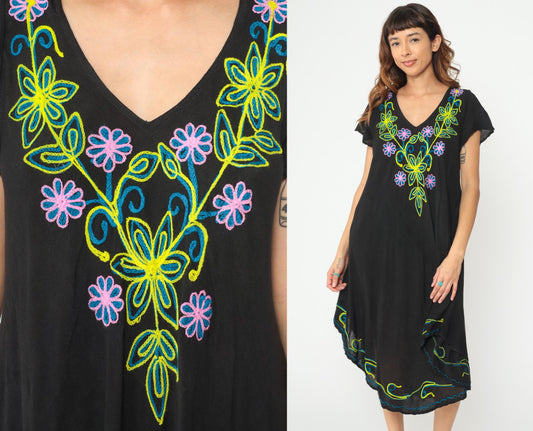 Y2K Black Midi Dress Exist Floral Embroidery V-Neck Asymmetric Hem One Size