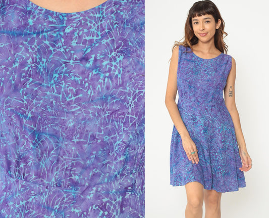 Y2K Tie Dye Mini Dress Purple Blue Turquoise Sleeveless A-Line Medium M