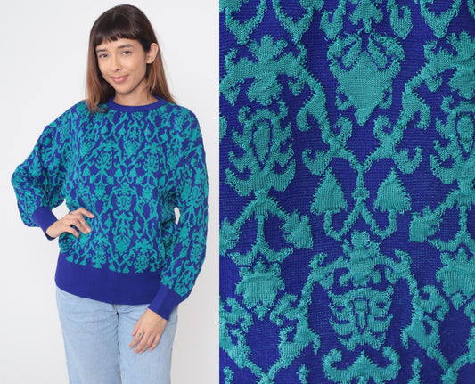 90s Carole Little Floral Damask Crew Neck Sweater Blue Teal Medium M