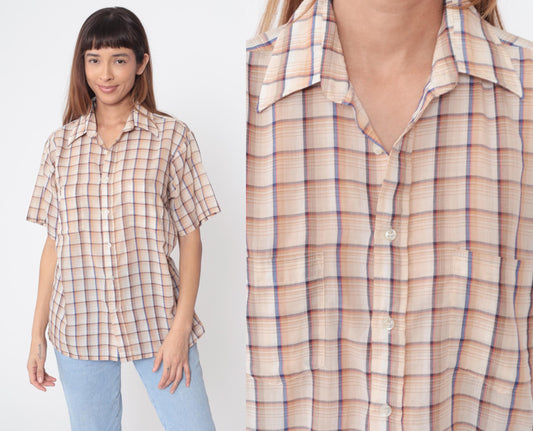 80s Van Heusen Plaid Button-Up Shirt Beige Brown Blue Check Medium