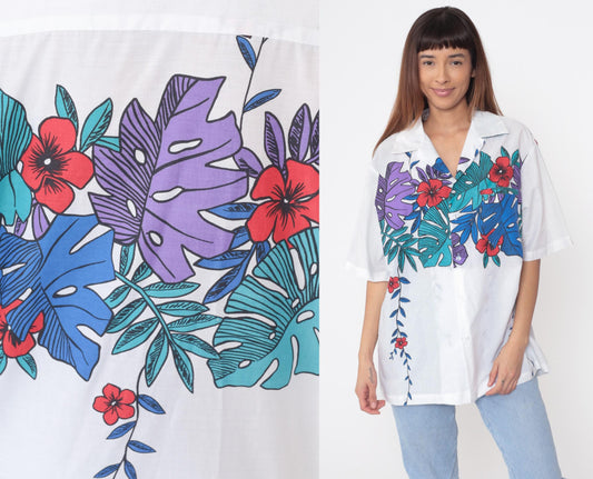 90s Hilo Hattie's Tropical Floral Shirt White Hawaiian Button Up Extra Large XL