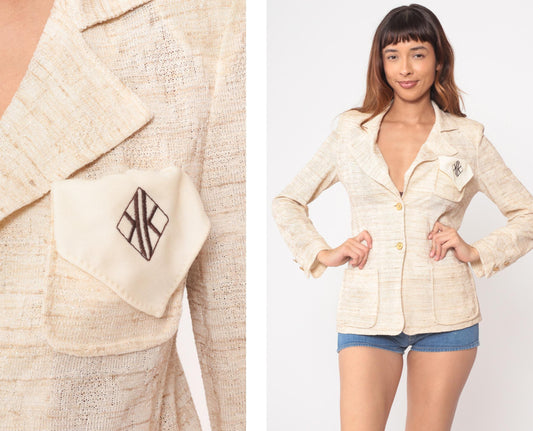 70s Kimberly Cream Blazer Textured Linen Blend Structured Button Front Small S