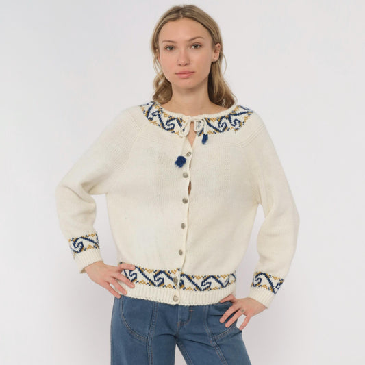 70s Nordic Folk Cardigan Cream Blue Gold Pattern Button Front Medium