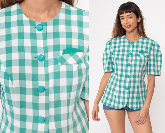 90s Via Sant Andrea Teal Gingham Button Up Blouse Short Puff Sleeve Medium