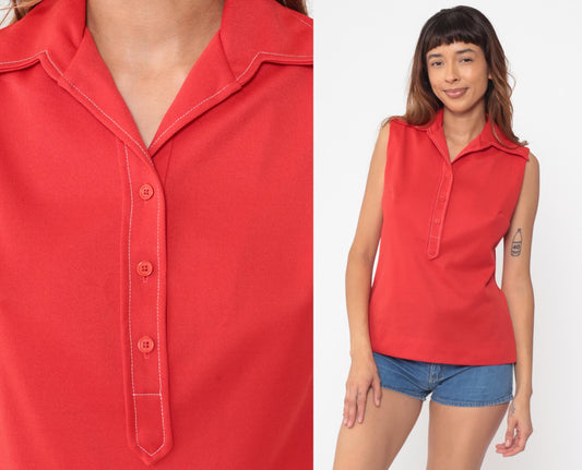 70s Pykettes Red Sleeveless Polo Collared Top Button Placket Medium