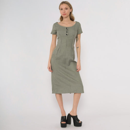 1950s Houndstooth Check Button Front Midi Dress Black White Scoop Neck Extra Small XS