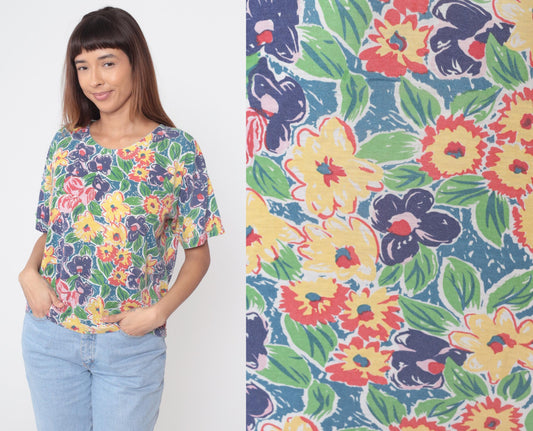 90s Emerald Isle Tropical Floral Blouse Botanical Print Scoop Neck Medium