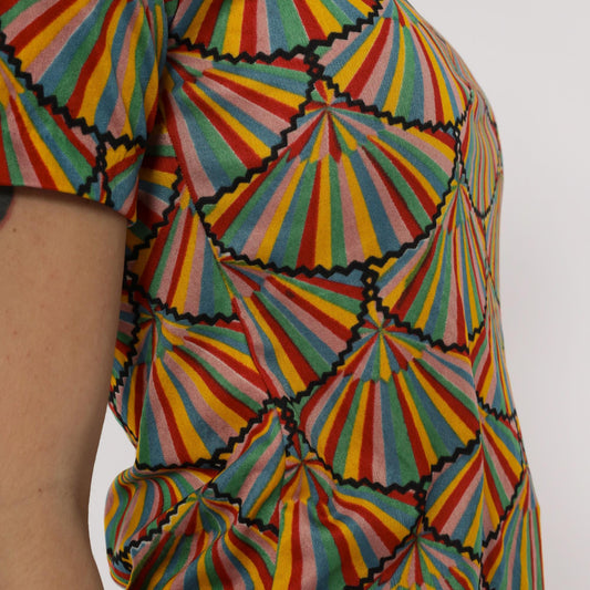 70s Helen Sue Rainbow Geometric Fan Print Nylon Tee Crew Neck Medium