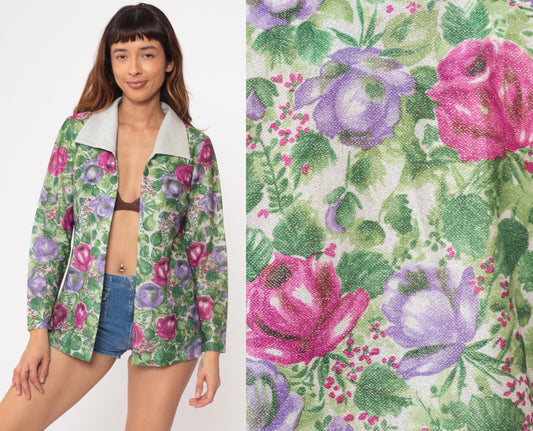 70s Floral Blazer Pink Purple Rose Print Light Green White Collar Small