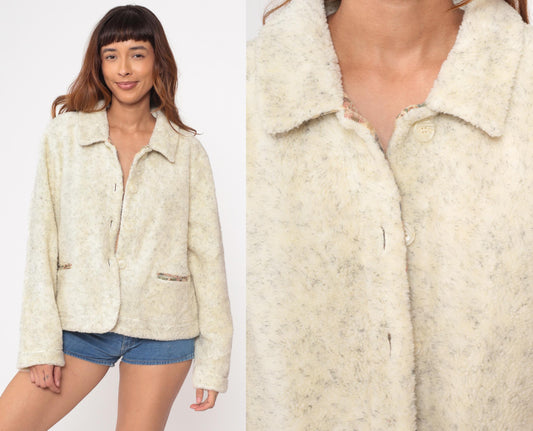 90s Cambridge Classics Cream Fleece Jacket Button Front Cropped Large L