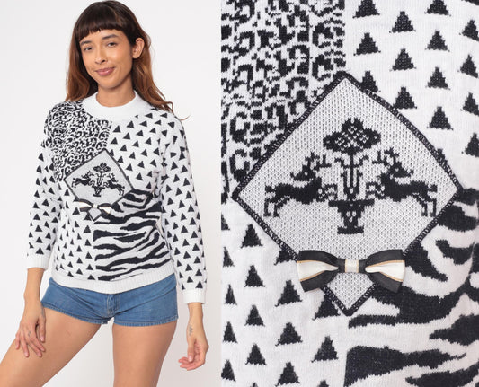 90s Animal Print Knit Sweater White Black Leopard Zebra Pullover Small S