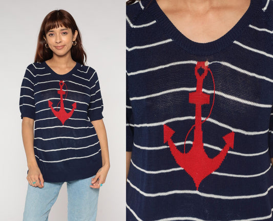 80s Nautical Anchor Sweater Navy White Striped Red Short Sleeve Medium