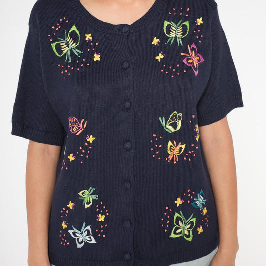 90s Navy Embroidered Butterfly Cardigan Short Sleeve Button Front Large L