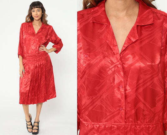 80s Red Midi Dress Button Front Pleated Jacquard Geometric Collar Medium