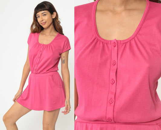 80s Hot Pink Mini Dress Cotton Blend Scoop Neck Side Pockets A-Line Medium M