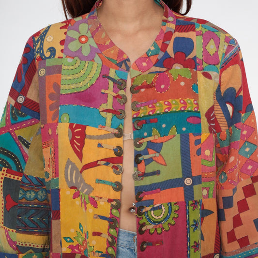 Y2K Rainbow Patchwork Cotton Jacket Embroidered Floral Button Front Extra Large