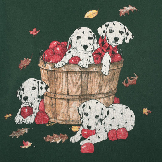 90s Dalmatian Puppy Apple Basket Sweatshirt Forest Green Graphic Large L