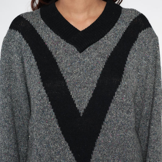 90s Forecast Chevron V-Neck Sweater Grey Black Trim Extra Large XL