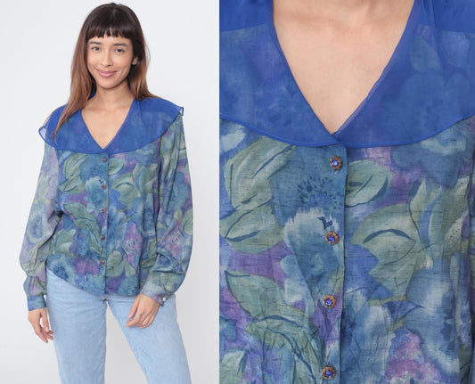 90s Marie St Money Watercolor Floral Button-Down Blouse Blue Purple Large L