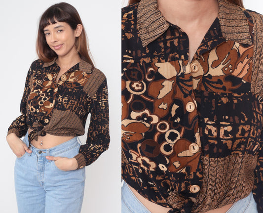 90s Carole Little Abstract Geometric Tie Front Crop Top Brown Small