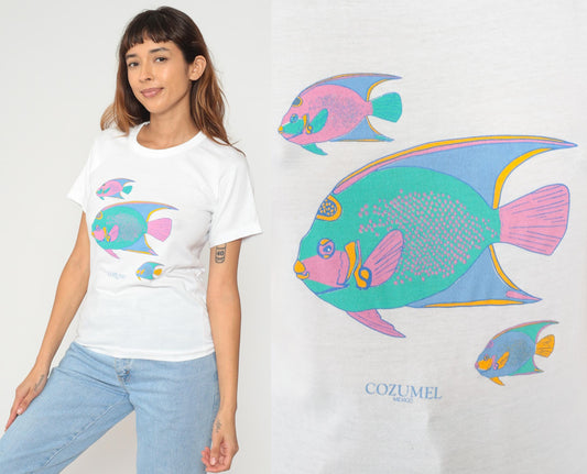 Y2K Cozumel Mexico Tropical Fish Graphic Tee White Cotton Small